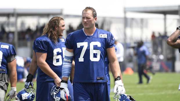 Aug 7, 2018; East Rutherford, NJ, USA; New York Giants tackle Nate Solder (76) during training camp.